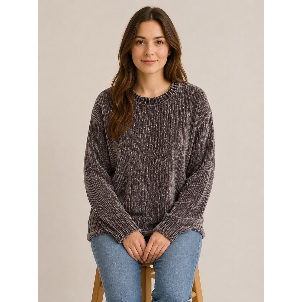 Cynthia Rowley Womens Large Chenille Sweater Purple Gray Cozy Ribbed Pullover